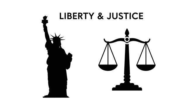 Silhouette illustration featuring the Statue of Liberty and a legal scale of justice.