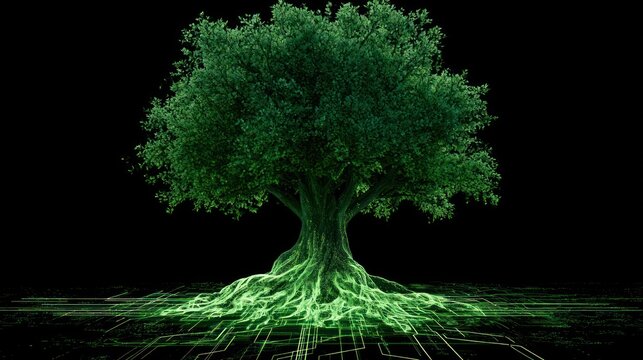 Tree with glowing roots on digital background