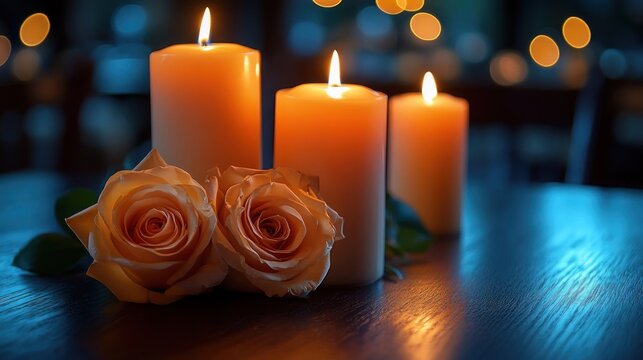 Romantic Evening with Lit Candles and Roses on a Table.