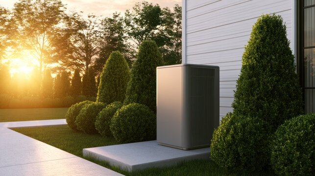 Modern heat pump in a garden at sunset