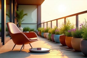 Obraz premium Modern Balcony with Potted Plants and Sunset City View
