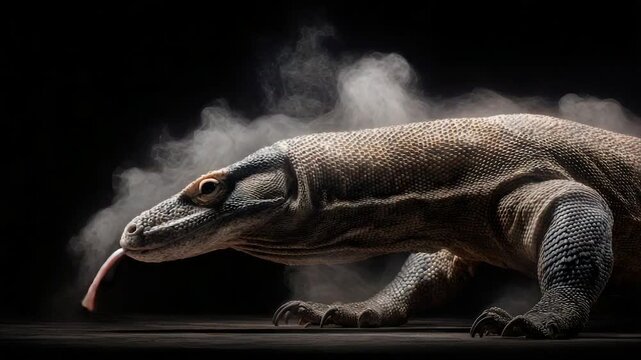 A Komodo dragon with its tongue extended, exhaling steam, set against a dark backdrop