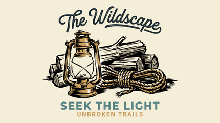 Wildscape adventure design. Vintage lantern and wood graphic. Mountain trail t shirt print. © panji
