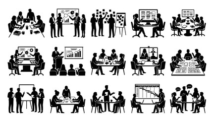 Fototapeta premium Black and White Silhouettes of Business Meetings and Teamwork