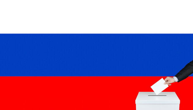 Russian legislative elections 2026 concept with voter hand putting ballot paper in box over russia flag background. State duma voting graphic illustration.