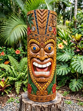 Vibrant polynesian tiki mask column nestled among lush tropical foliage and blooming flowers creating a captivating island atmosphere