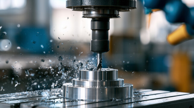 Precision CNC milling machine machining metal component with cutting tool and flying metal chips