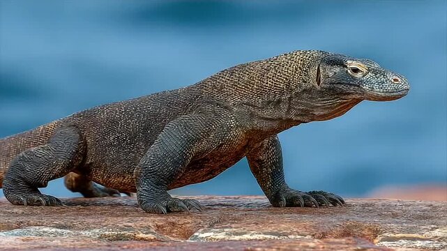 A close-up of a large lizard with dark, textured skin, standing on a rock. Blue background