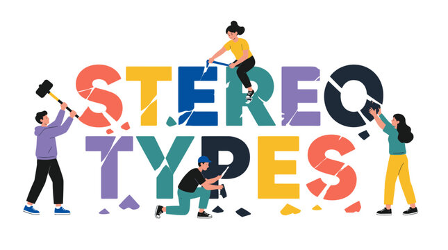 Colorful depiction of stereotypes illustrated by diverse figures.