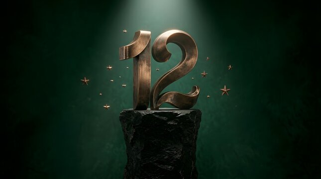Number twelve appears as a polished metallic figure resting upon a weathered stone block in the light.
