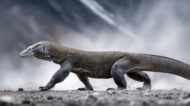A massive lizard walks across rocky ground, mist behind, in full profile