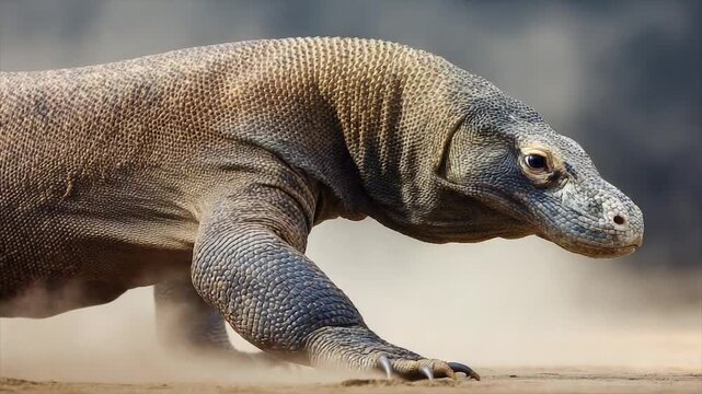 A large monitor lizard strides forward, kicking up dust. Detailed scales are visible