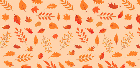 A vibrant seamless pattern featuring various autumn leaves and berry branches in warm orange and red tones on a light peach background, ideal for seasonal designs and digital papers. © Design 26BD