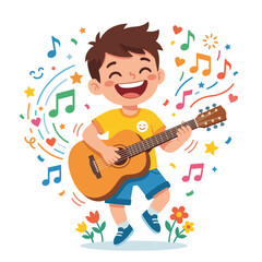Naklejka premium Happy Boy Playing Acoustic Guitar with Music Notes