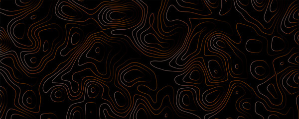 Topographic map contour lines with copper and silver metallic strokes on a solid black background, representing geographic elevation patterns and fluid abstract terrain mapping © BiSMiLLAH