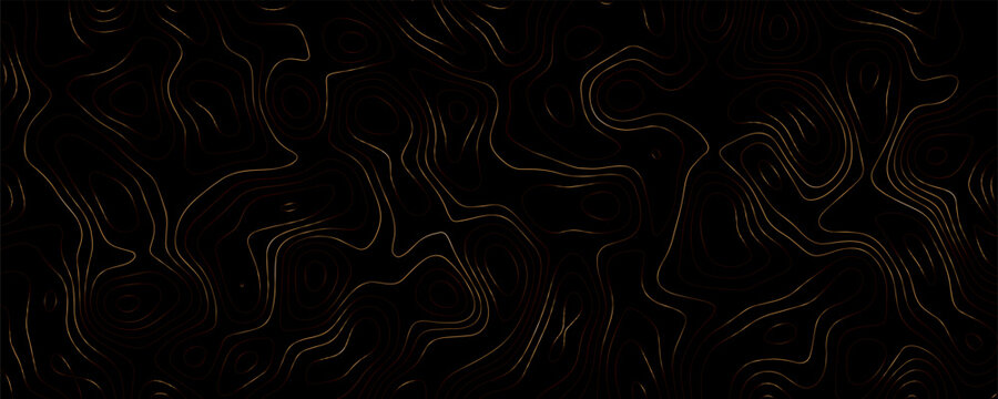 Topographic map contour lines, abstract gold linear pattern on black background, geographic elevation lines