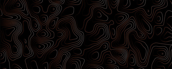 Topographic map contour lines in copper and white, abstract wavy pattern on a black background geography © BiSMiLLAH