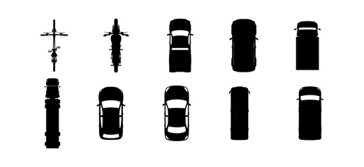 CAD vehicle top view silhouette set, black car truck bus and bicycle symbols for architecture site plan parking layout vector illustration © Rumelaz