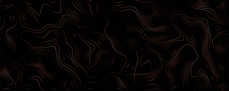 Topographic map contour lines in copper and gold, abstract flowing wave patterns on a solid black background