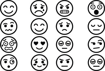 Fototapeta premium Minimalist Line Emoji Icon Set with Diverse Facial Expressions Including Happy Sad Angry Surprised Scared and Love Emoticons Vector Illustration