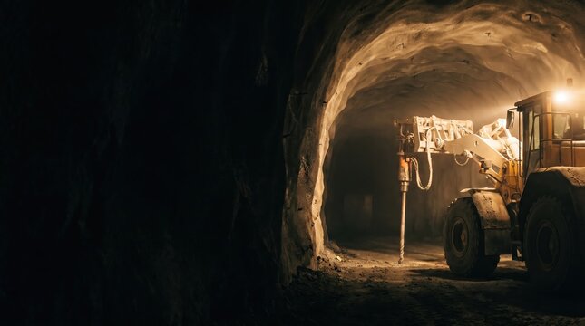 Underground Mining Jumbo Drill Machine Operating in Dark Rock Tunnel for Mineral Extraction and Tunneling Construction Projects