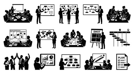 Obraz premium Business Meeting Icons: Strategy, Planning, Teamwork, Presentation SWOT Analysis