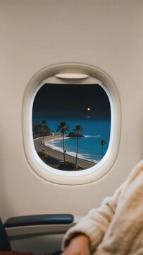 View of tropical moonlit coastal highway through airplane window from inside cabin, dreamy travel concept for summer vacation trip by air