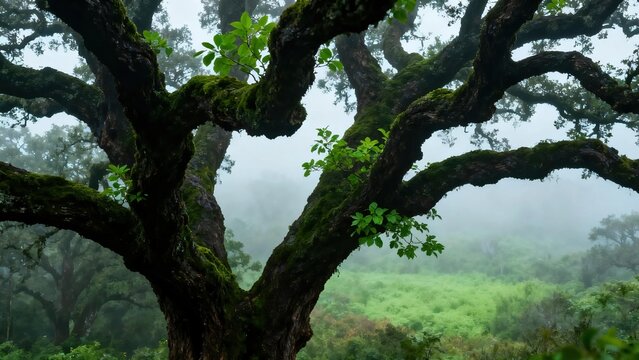 Ancient big gnarled tree covered with green moss on branches in misty foggy forest valley, quiet mystical natural landscape with fresh green new leaves growing