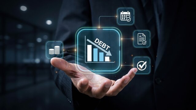Hand holding digital icon showing debt reduction with financial growth data chart