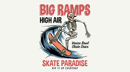 Skateboarding skeleton vintage artwork. Retro skate bowl vector design. Urban streetwear print.. B © rahel lila