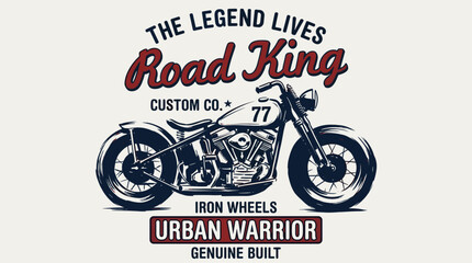 Road King vintage motorcycle design. Urban warrior iron wheels artwork. Custom bike t shirt print. © rahel lila