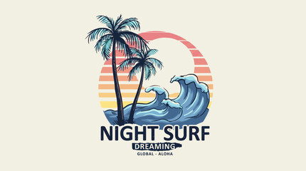 Night surf dreaming graphic. Retro beach sunset artwork. Palm tree ocean wave t shirt design. © rahel lila