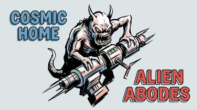 Alien monster with ray gun. Cosmic home space vector. Retro scifi design.