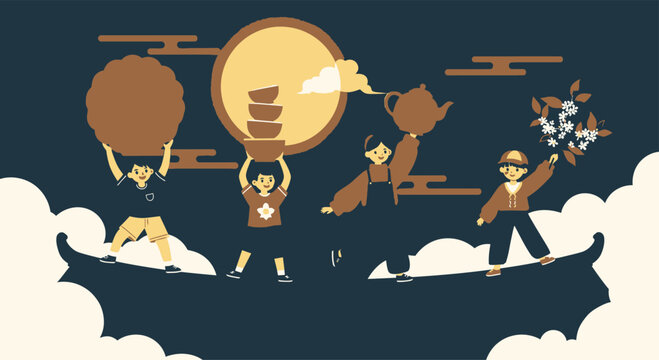 Group of children enjoying Mid-Autumn Festival with tea and mooncakes on roof under moon vector art Mid-Autumn Festival