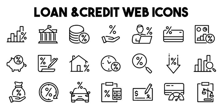 Finance Loan and Banking Line Icons Set Editable Vector Illustration Isolated on Transparent Background.