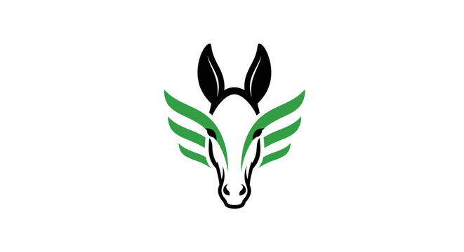 Stylized donkey head logo with green wings on white background