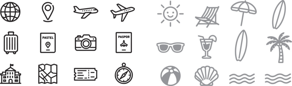 Travel and beach holiday vector icon set with airplane suitcase passport camera sun surfboard and palm tree