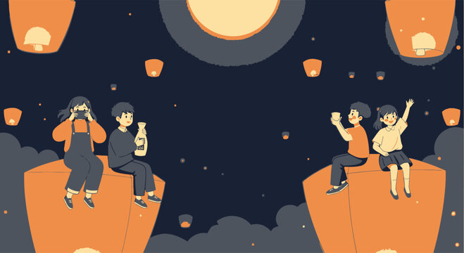 People celebrating Mid-Autumn Festival with tea and floating lanterns under full moon vector graphic Mid-Autumn Festival