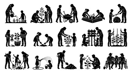 Fototapeta premium Gardening Family Activities Silhouette Glyph Icons Set: People Planting, Harvesting, and Caring for Plants