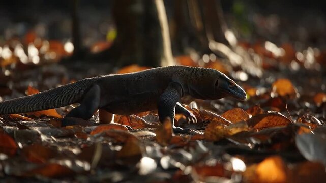 A Komodo dragon strides across forest floor covered in autumn leaves, sunlit