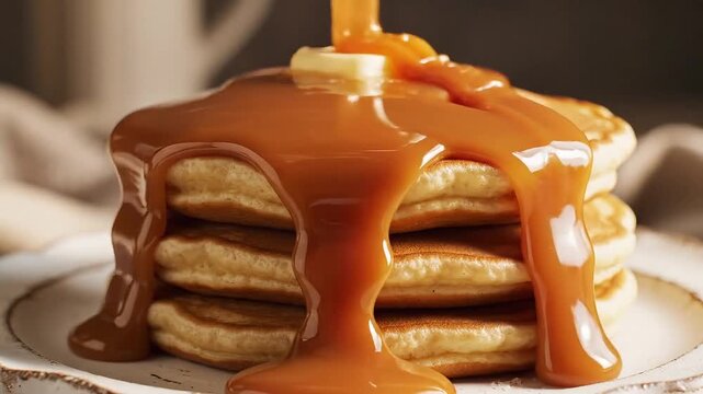 Pancakes stacked on a white plate are covered with a generous layer of warm melting caramel sauce.