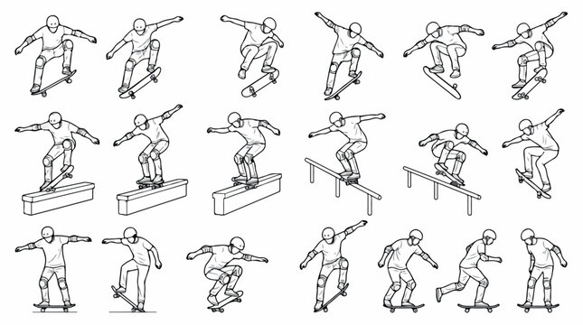 Skateboarder line art icons set, 18 vector illustrations of skaters performing tricks and jumps, minimalist black and white skateboarding character poses