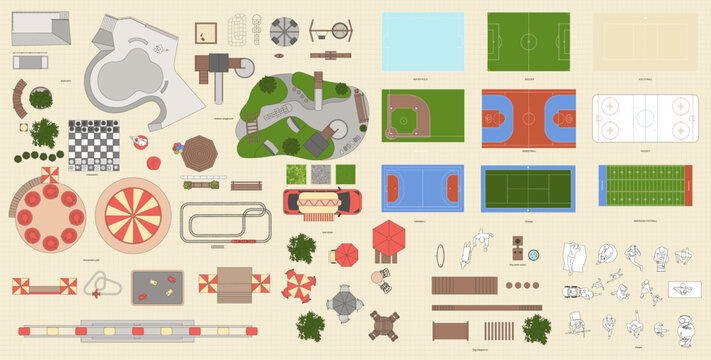 Top view of an amusement park. Vector illustration of colourful isolated objects. Amusement rides, playing fields, skate park, children's playground, dog play area, chessboard etc.