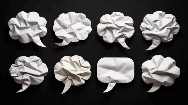 Ten crumpled white paper shapes resembling speech bubbles against a dark background balls bubble thought communication ideas concept expression