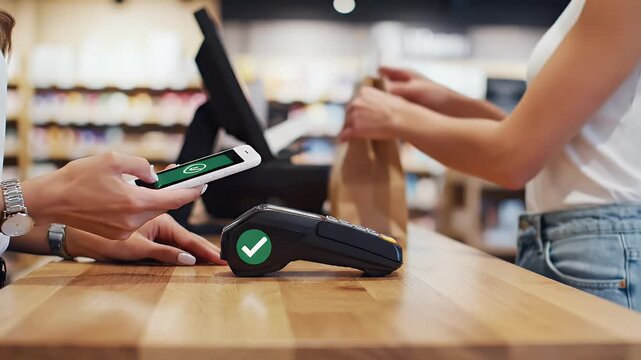 Customer making contactless payment with smartphone at a store
