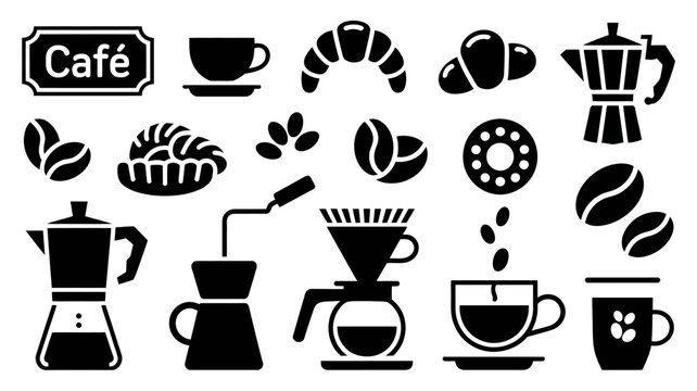 Black Silhouette Icons Of Coffee Shop Items Including A Croissant And Moka Pot cafe icon bean cup drip espresso