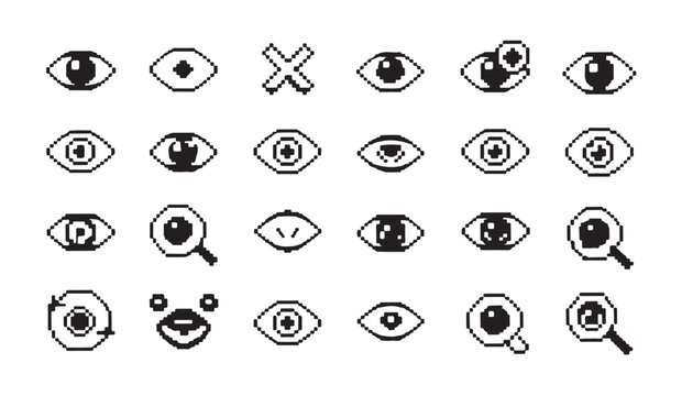 Pixel art eyes collection featuring various optical designs and symbolic vision icons set.