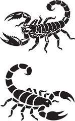 Naklejka premium Black scorpion vector silhouettes with sharp claws and curved stingers for graphic design