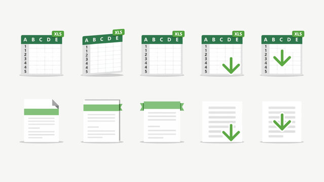 Spreadsheet and document pages with green tabs a vector illustration series excel sheet worksheet data table grid layout page