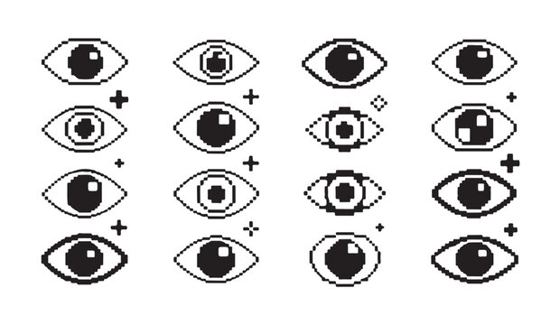 Assorted pixel eyes and visual indicators a detailed set of digital eye graphics.
